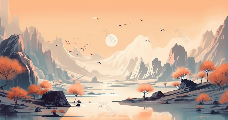 阳光照耀下秋季山川湖泊河流自然美景,插画/手绘图,插画/手绘图库,插画/手绘图下载,插画/手绘